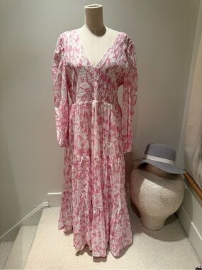 Pink & White Floral Smocked V-Neck Maxi Dress